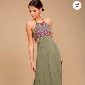 Little Beach Olive Green Embroidered Maxi Dress